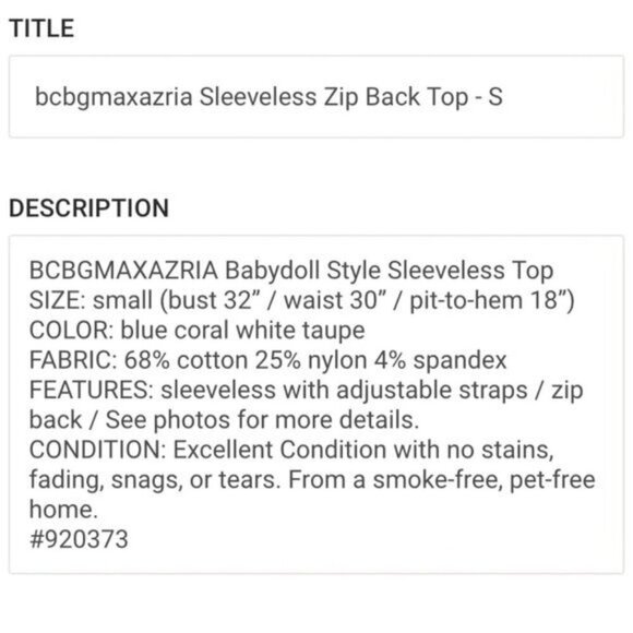 BCBGMAXAZRIA Babydoll Sleeveless Top Small - Picture 9 of 9